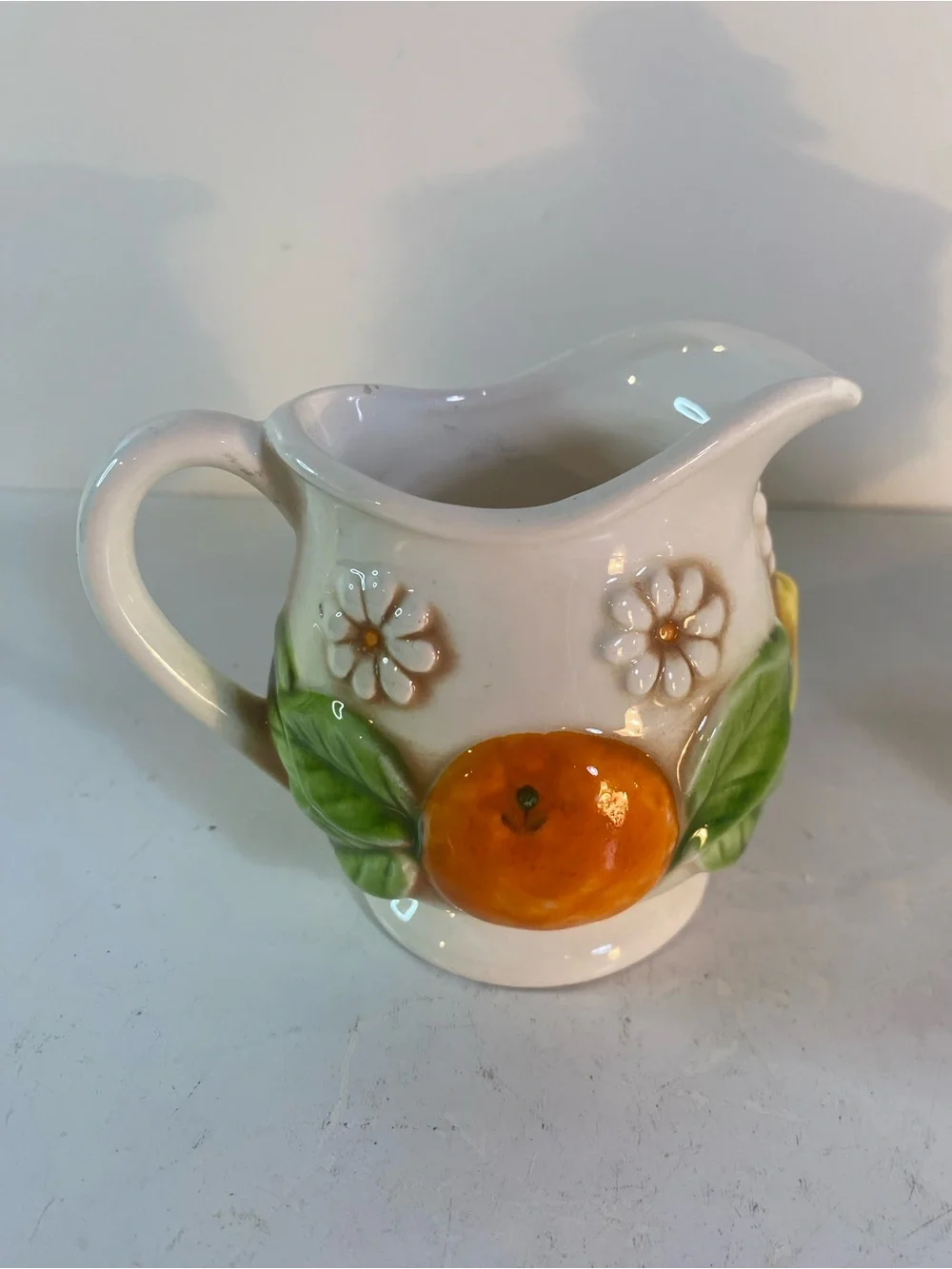 Vintage Fred Roberts Ceramic Fruit & Daisy Creamer Pitcher & Covered Sugar Bowl